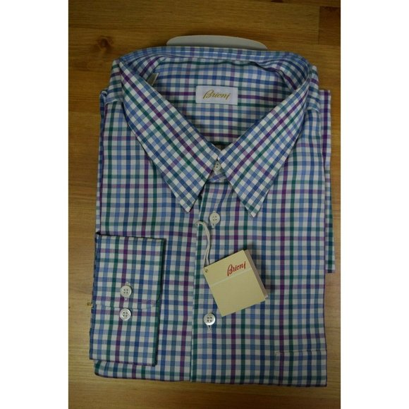 750$ BRIONI MENS Blue PURPLE SPORT SHIRT LONG SLEEVE Gingham Check 2XL ITALY - Picture 5 of 8